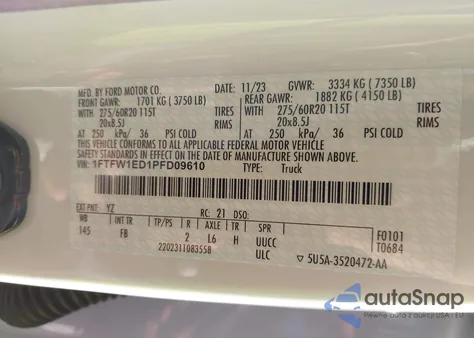 2023 Ford F-150 Xlt из США, поврежденный, VIN 1FTFW1ED1PFD09610